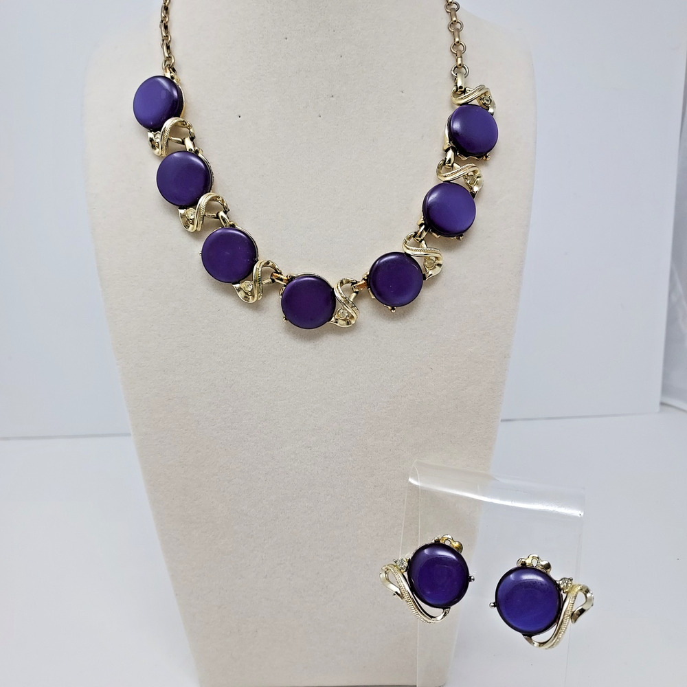 Vintage Coro Purple Thermoset Necklace Earrings Gold Tone 1950s 16" Collectible